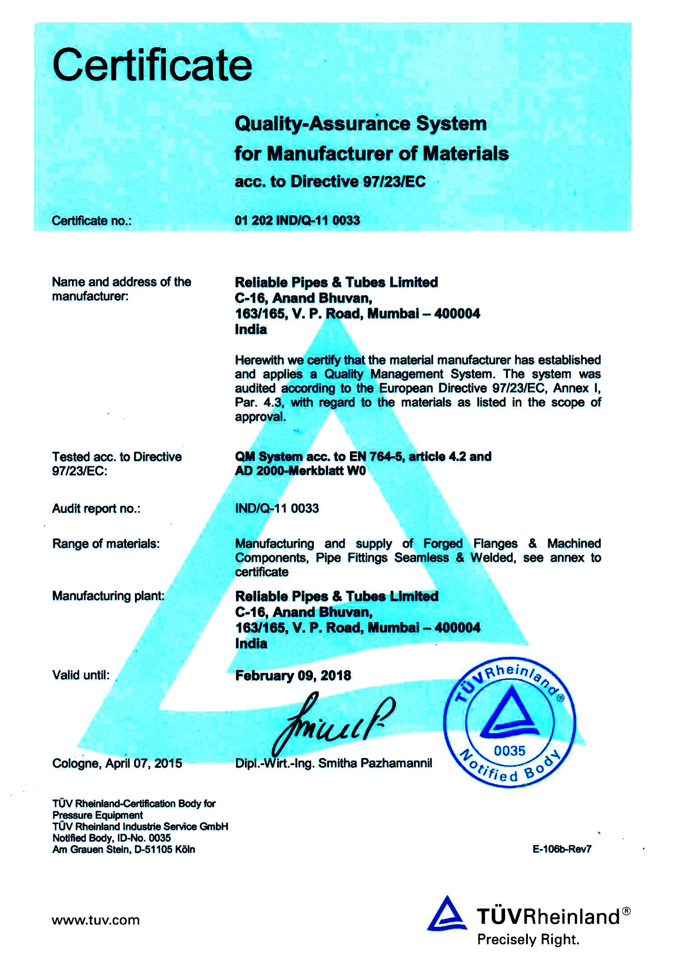 PED Certificate